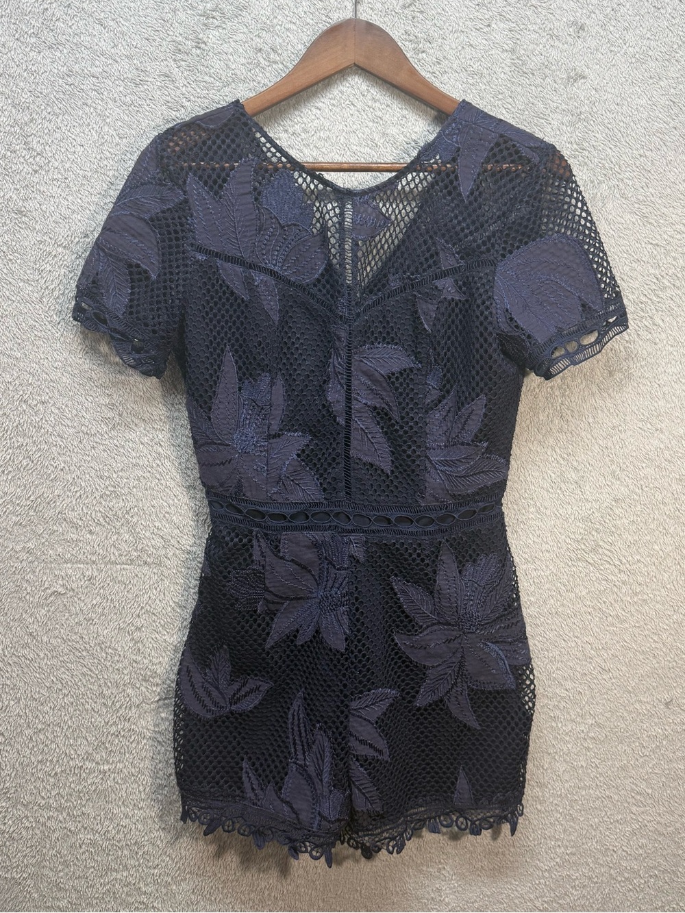 Adelyn Rae Navy Blue Illusion Lace Short Sleeve Romper